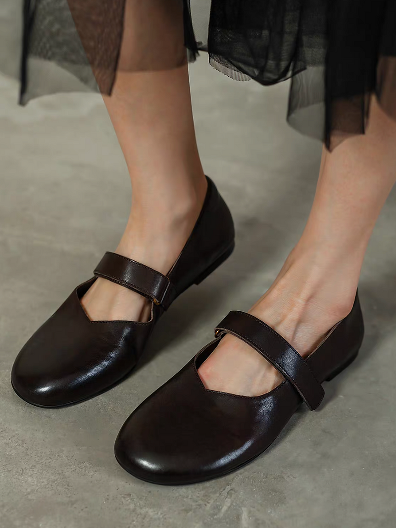 Minimalistic calf leather V cut velcro strap Mary Janes 1