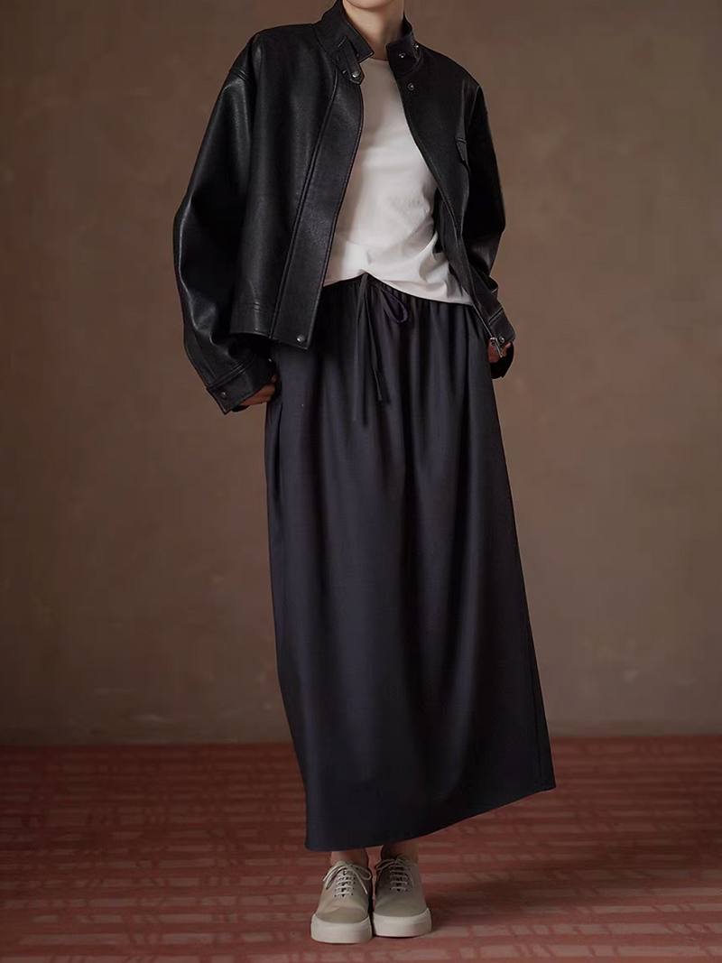 Charcoal dark blue cotton poly rayon elasticated long skirt 4