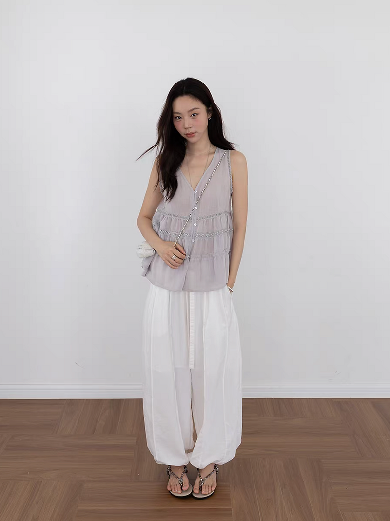 Lyocell tencel linen laced trim V neck sheer vest 7