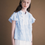 Thumbnail: Embossed flutter sleeves blue cotton drawstring blouse
