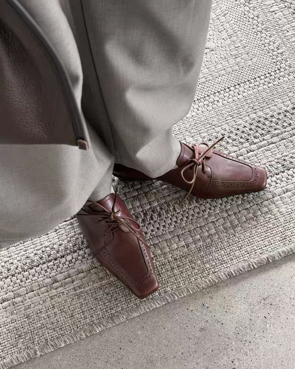 Thumbnail: Side buckle strap brogue trim calf leather lacing low heel shoes