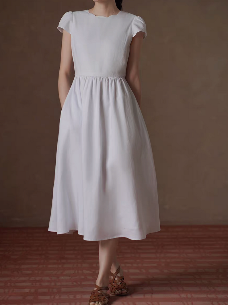 Sora blue wavy collar trim lyocell linen midi dress 6
