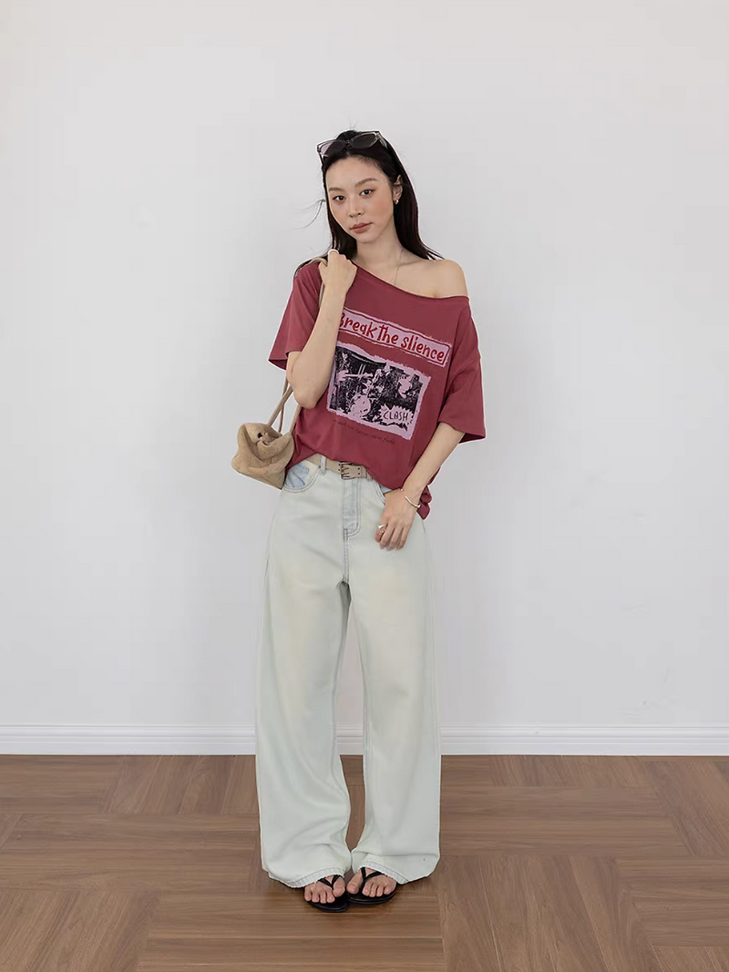 One shoulder digital print cotton rayon tee 13