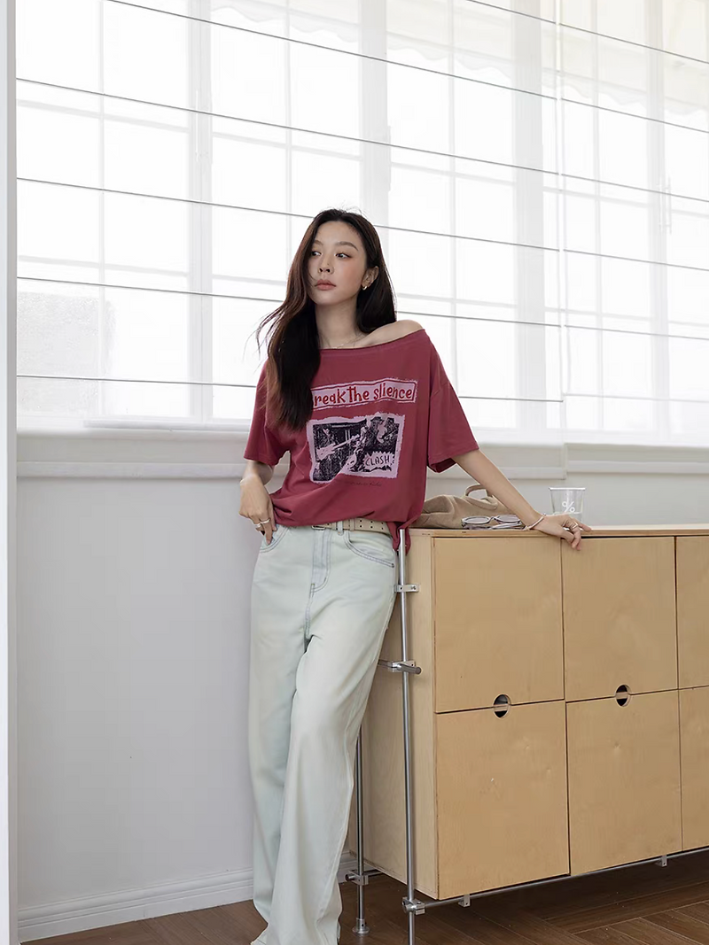 One shoulder digital print cotton rayon tee 5