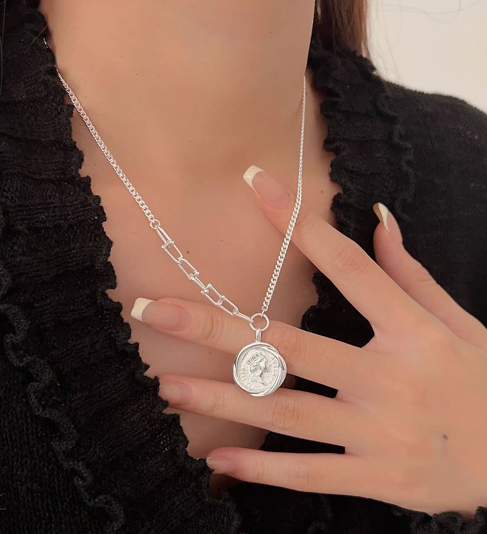 Thumbnail: Engraved coin face 925 silver curb chain necklace