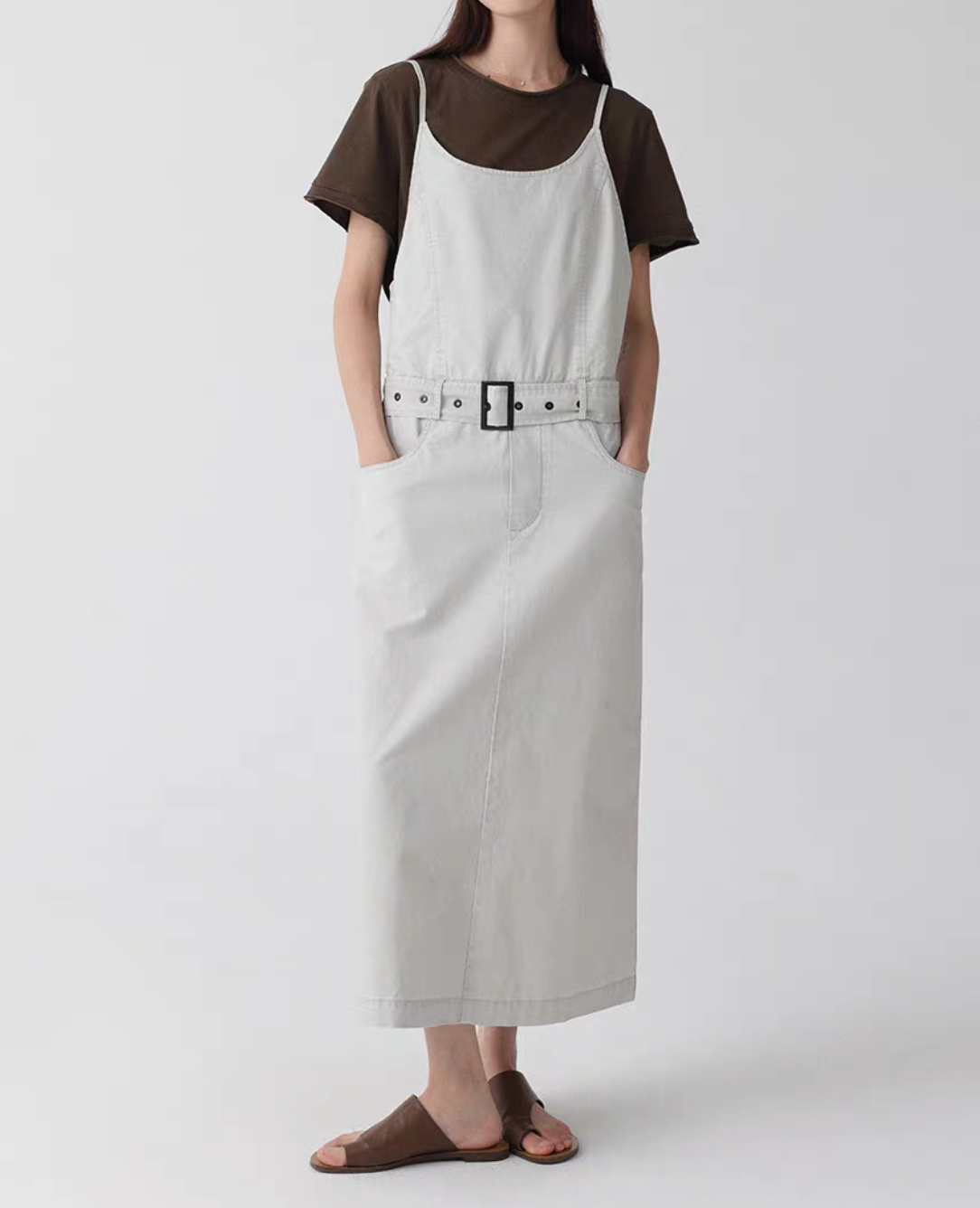 Belted pure cotton side pockets slipdress