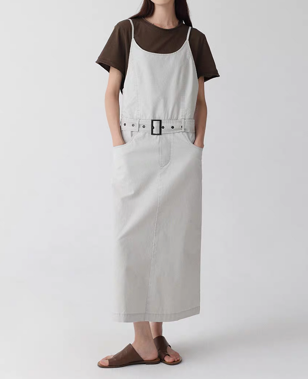 Thumbnail: Belted pure cotton side pockets slipdress