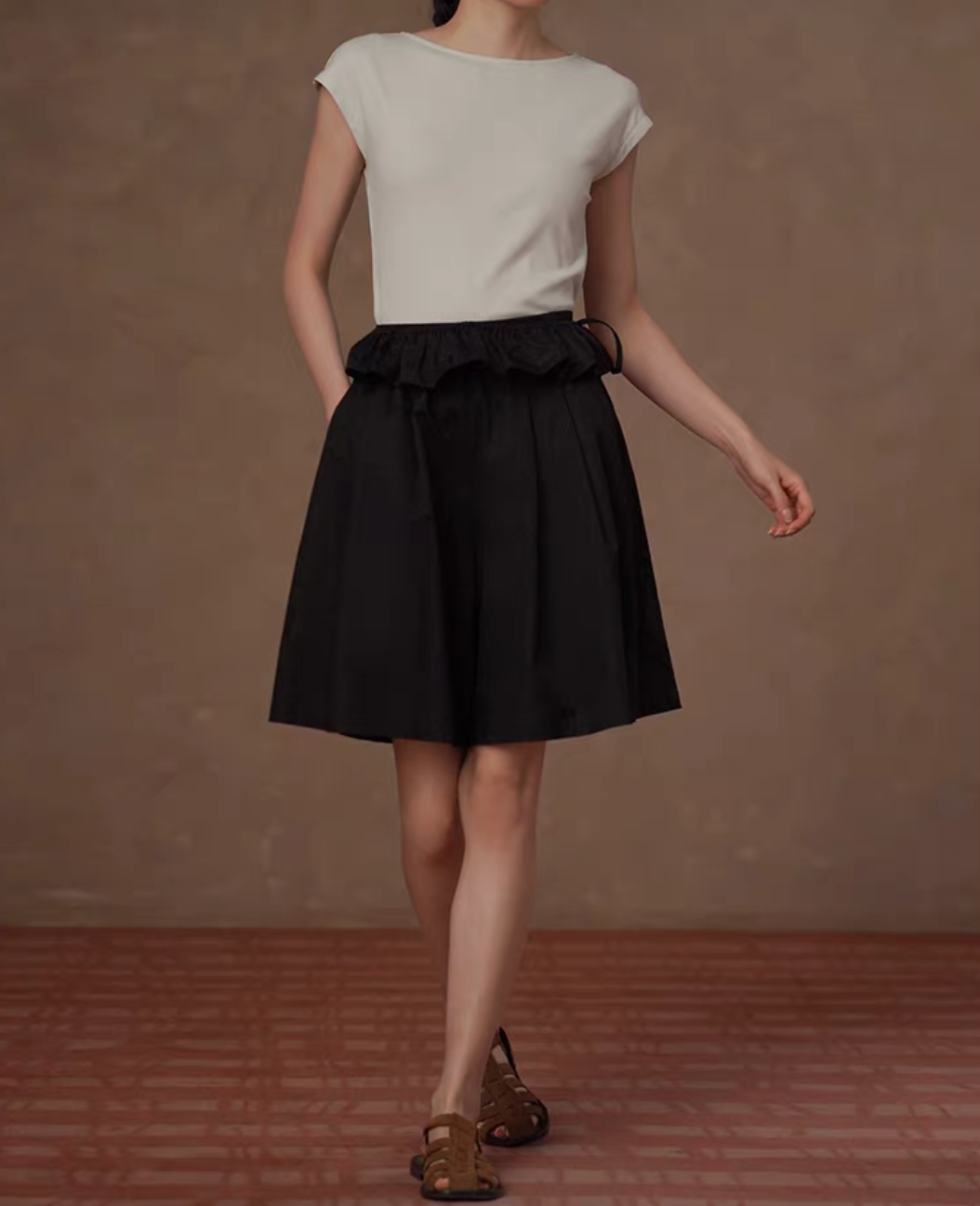 High waisted black cotton shorts + side knot removable ruffle layer