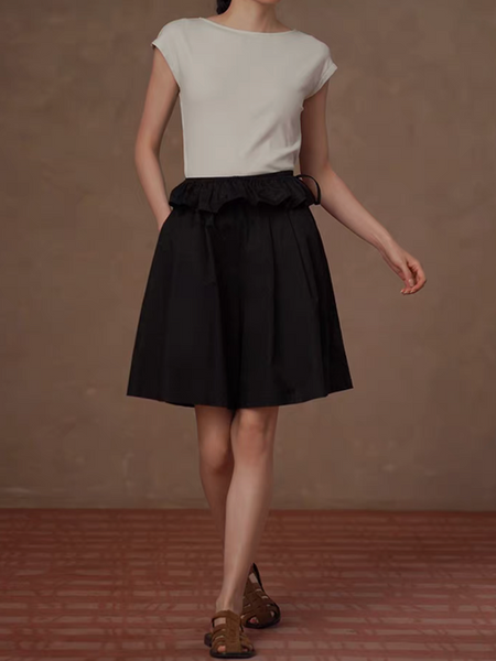High waisted black cotton shorts + side knot removable ruffle layer