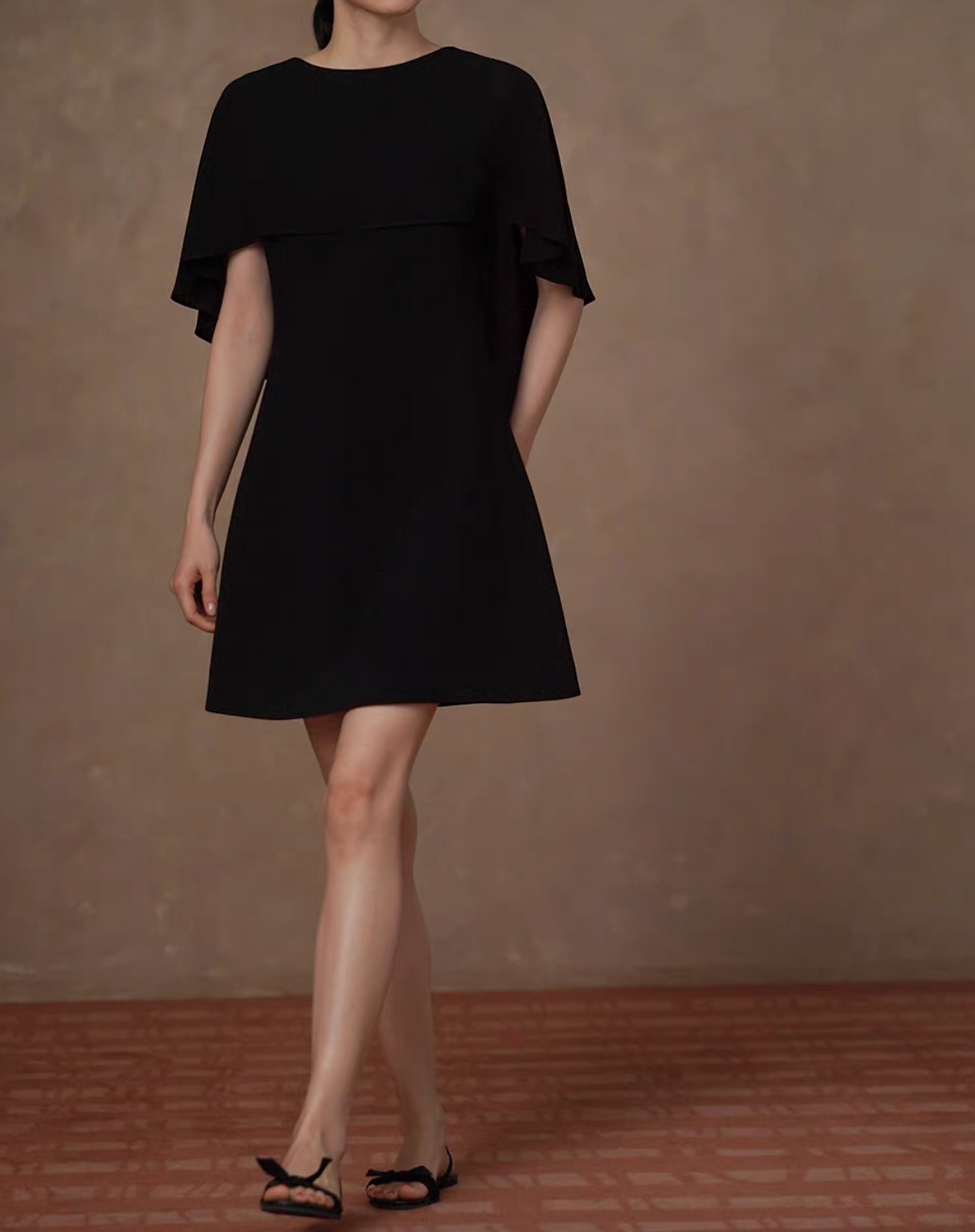 Thumbnail: Fluid drape ruffle trim low back shawl connect black poly midi dress