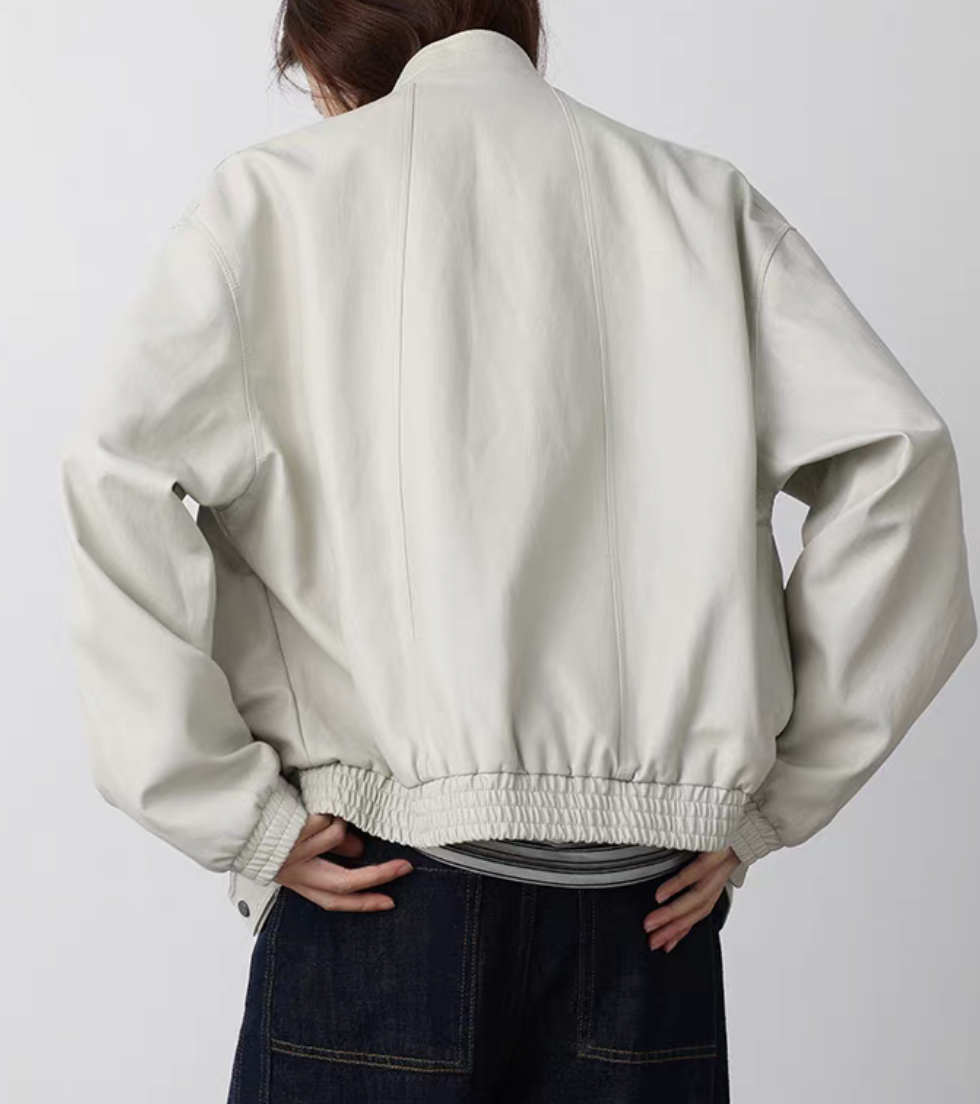 Thumbnail: Synthetic leather crewneck clasped buttoned zipper jacket