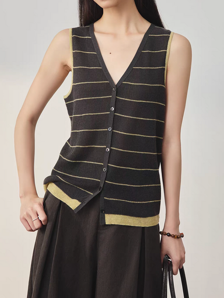 Striped V neck grey yellow buttoned wool linen rayon knitted vest