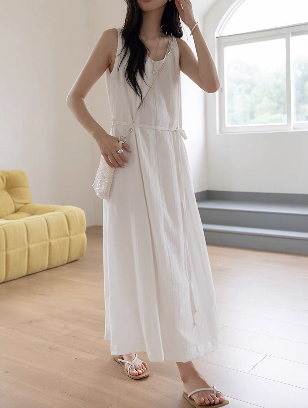 Thumbnail: Ivory back knot two way tencel rayon maxi sleeveless dress