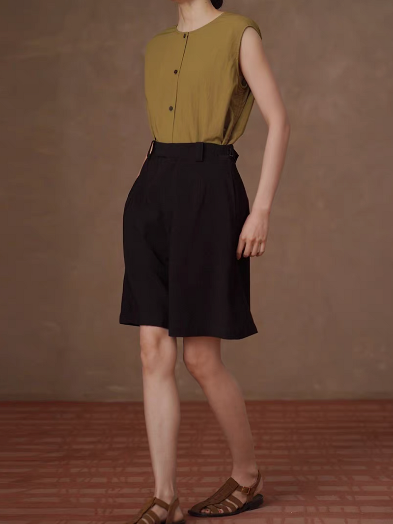 High waisted side adjusted buckle strap pleated poly rayon black shorts 5