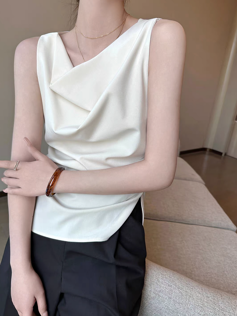 Asymmetric side pleats silt ivory poly rayon vest 6