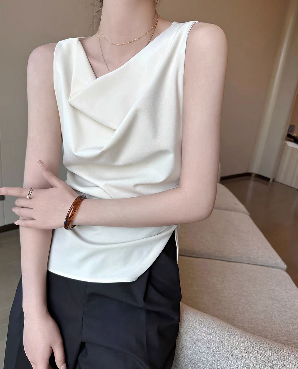 Thumbnail: Asymmetric side pleats silt ivory poly rayon vest