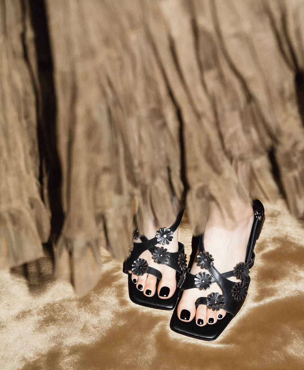 Thumbnail: Made in Italy Italian sheep skin crafted floral deco low heel sandals