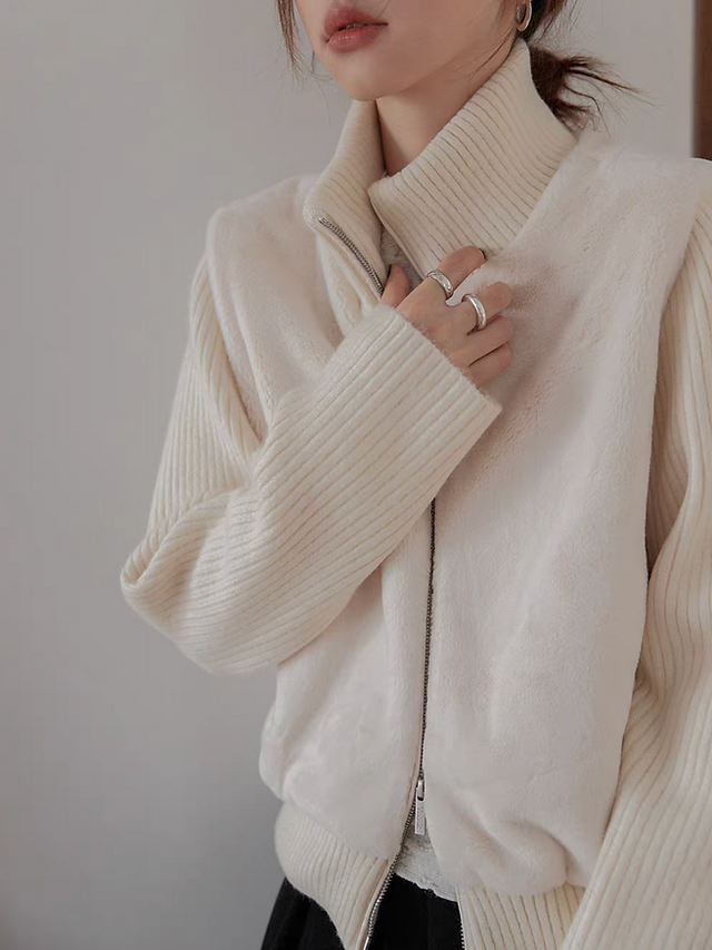 40% Wool ribbed nylon rayon faux fur fluffy zipper cardigan 7