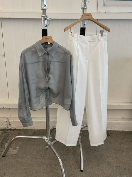 Wavy ruffle trim sheer pure linen cropped shirt 