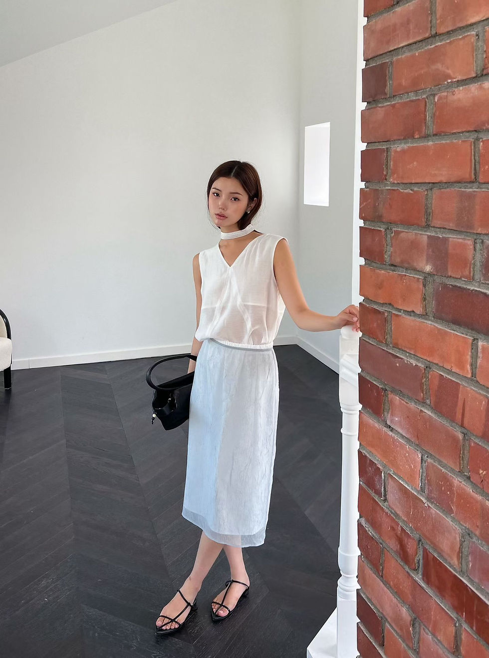 Thumbnail: Pure embossed layered back knot elasticated back slit sheer pencil skirt