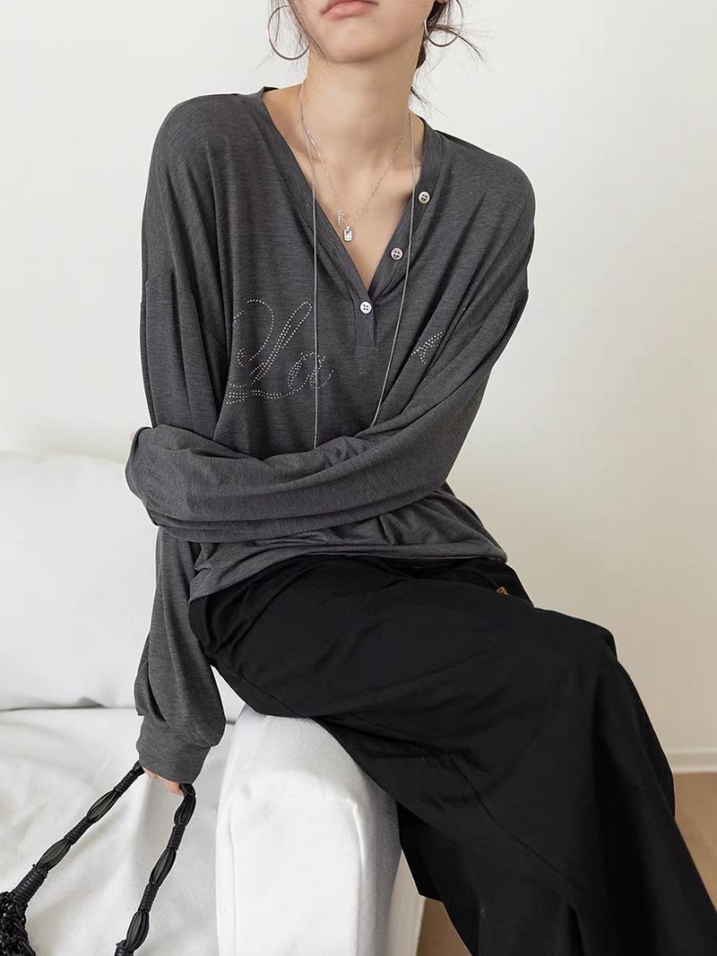 V neck shell deco lyocell rayon longsleeved print tee 1