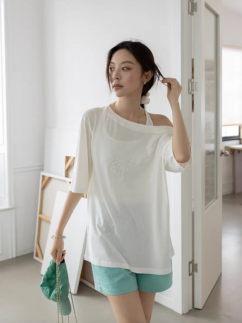 Modal cotton embroidered one shoulder relaxed tee 4