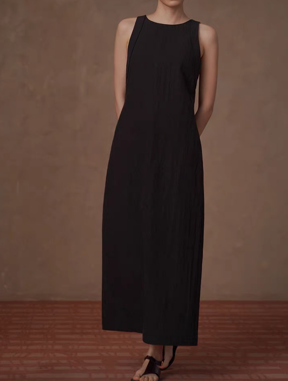 Thumbnail: Lyocell cotton rayon halter black contour back zipped sleeveless dress