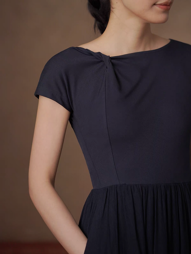 Navy cotton ruffle poly docking front twist shortsleeved dress 5