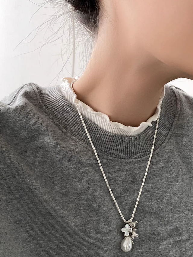 925 Silver reflective arranged pieces floral alloy plastic pearls necklace 7