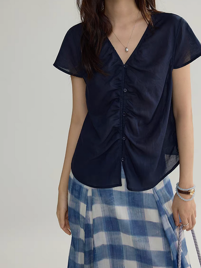 Navy lyocell linen V neck slim cut sheer blouse 6