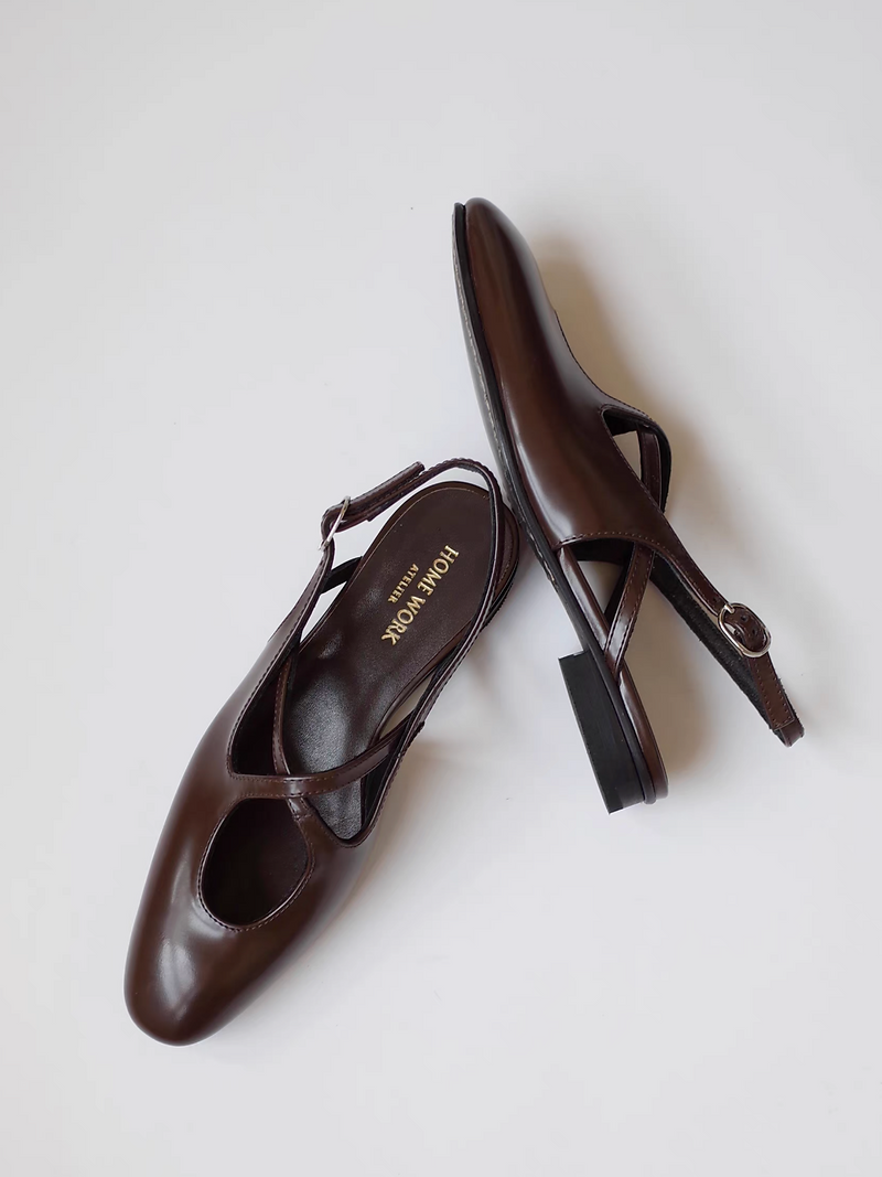 Made in Paris mocha brown crossed straps calf leather sling back shoes 2