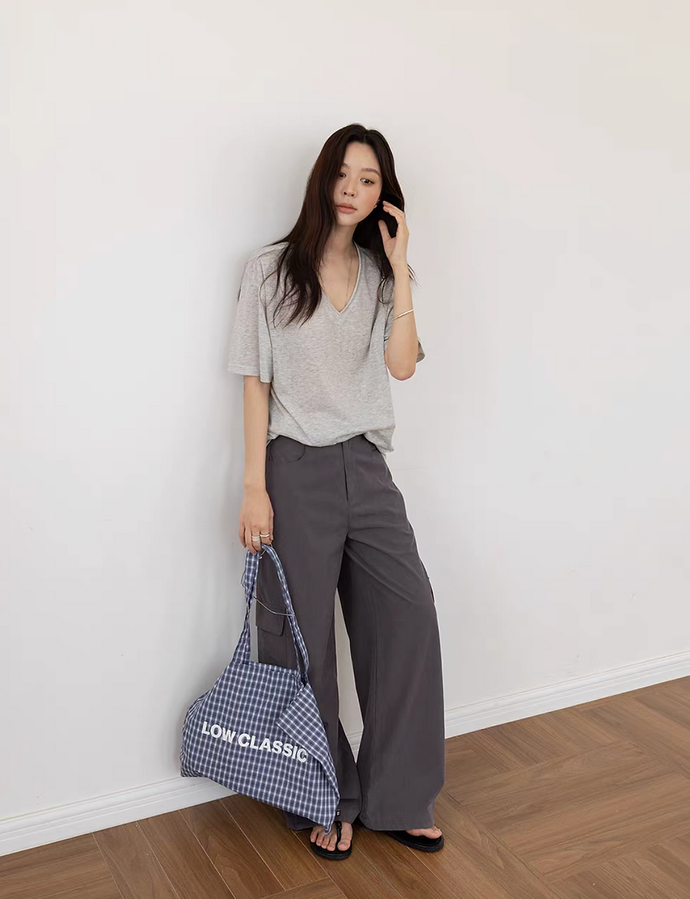 Thumbnail: High waisted cotton tencel nylon straight leg cargo pants