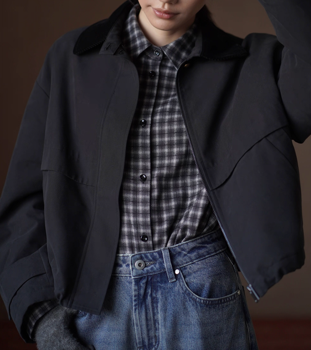 Docking corduroy polo charcoal black cotton rayon inner quilted zipper jacket