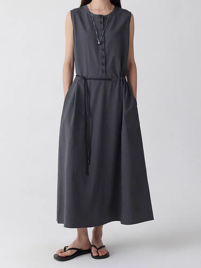 Cotton linen rayon buttoned belted sleeveless dress 10