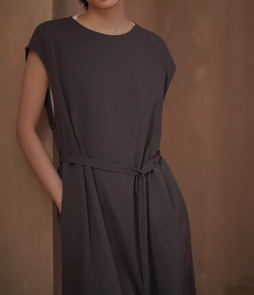 Thumbnail: Charcoal modal cotton belted flutter sleeves dress