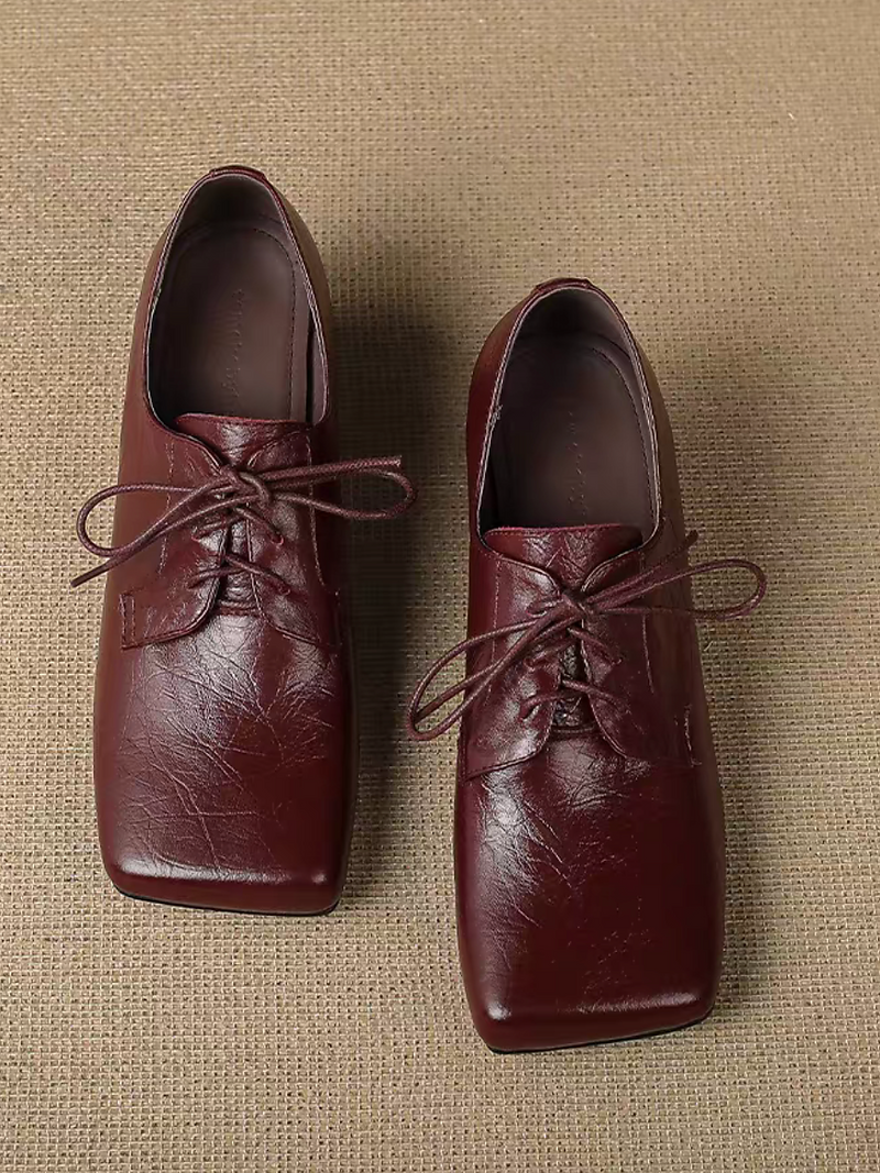Square toe calf leather lacing chunky heel shoes 8