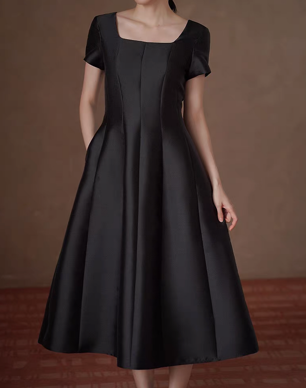 Thumbnail: Slim cut high waist contour square neck poly satin little black dress