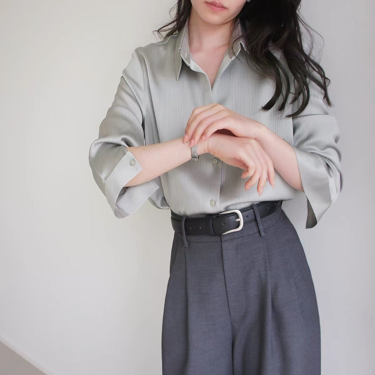 Satin poly embossed striped mid length greyish green shirt