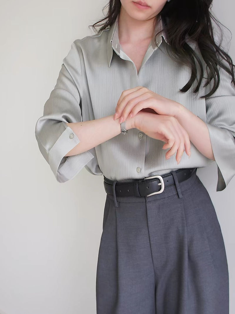 Satin poly embossed striped mid length greyish green shirt 1