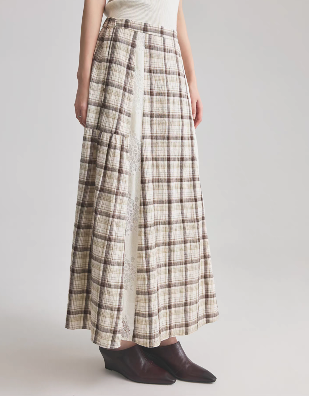 Cotton rayon checker docking lace A line high waisted skirt