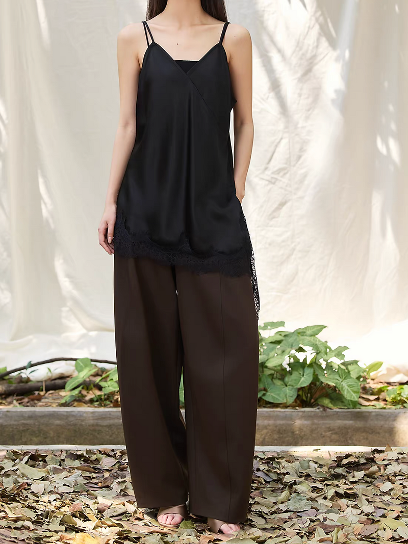 Asymmetric satin laced trim V neck mid length camisole 5