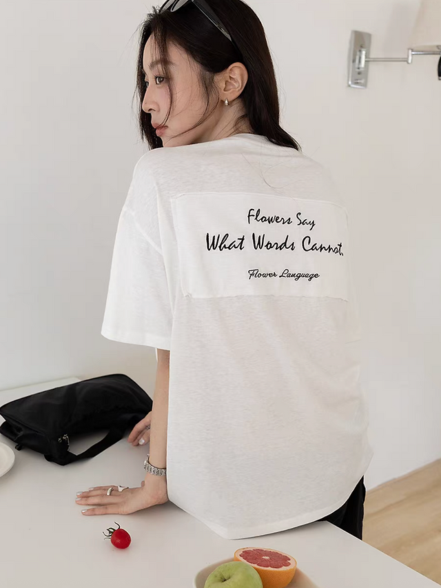 Back docking print cotton crewneck mid length tee 1