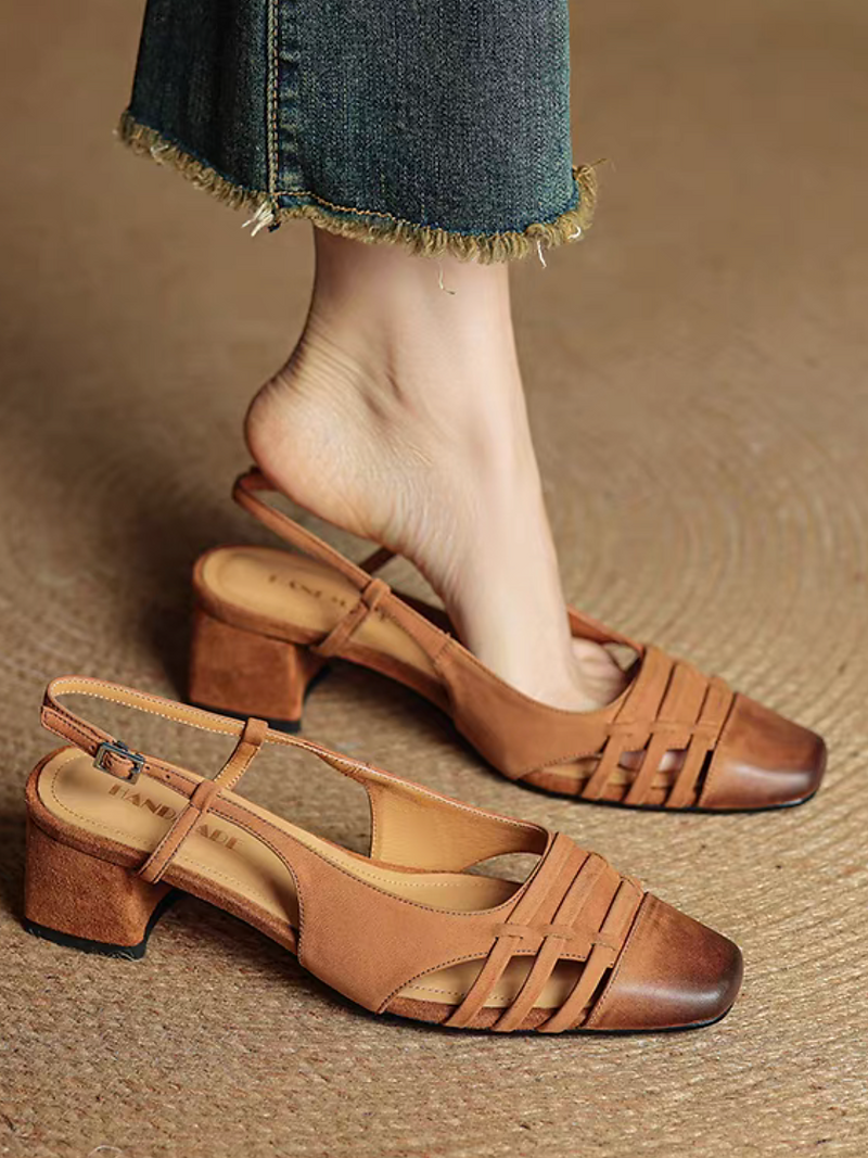 Brushed off lambskin suede weaves sling back low heel sandals 10