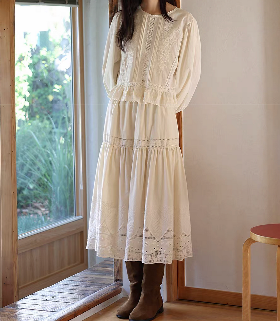 Thumbnail: Crochet embroidered elasticated ivory lined cotton skirt