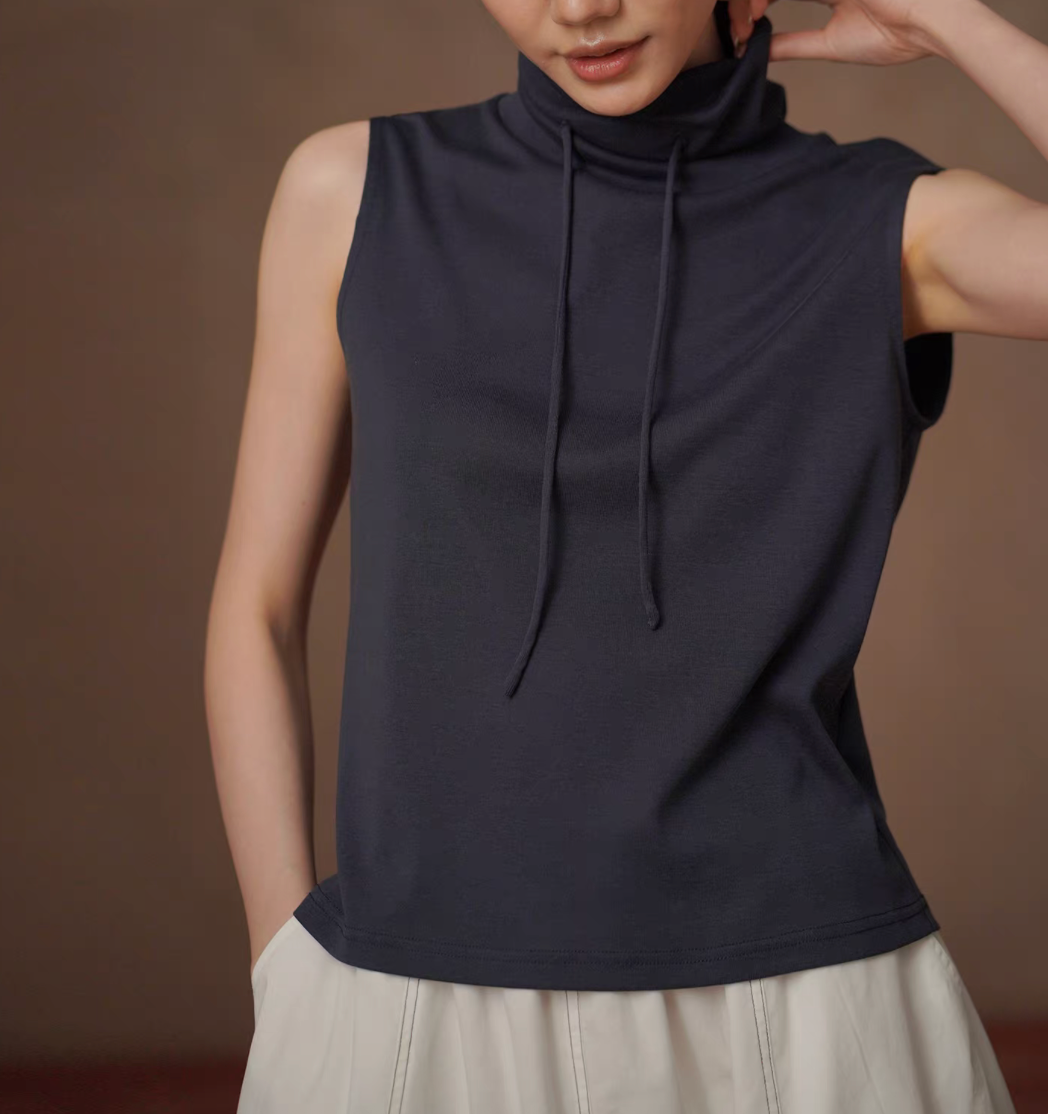 Charcoal navy drawstring standing collar cotton lyocell vest