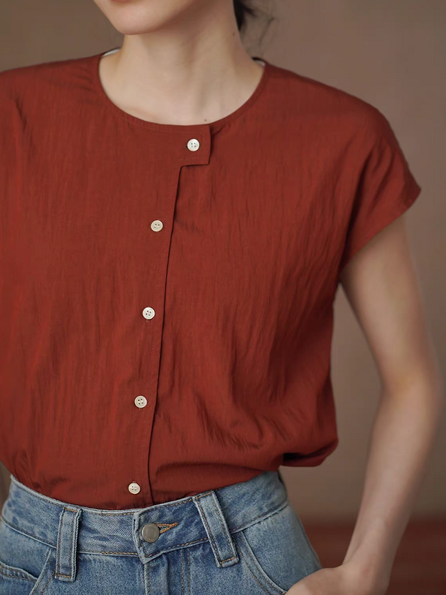 Poly rayon buttoned flutter sleeves brick red blouse 6