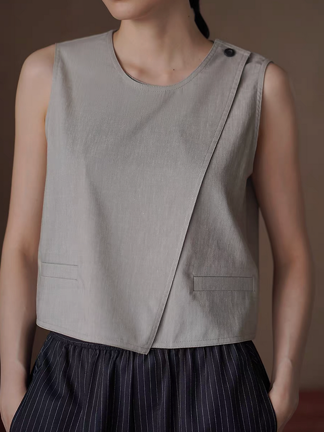 Lyocell linen rayon beige diagonal pleated shoulder buttoned vest 4