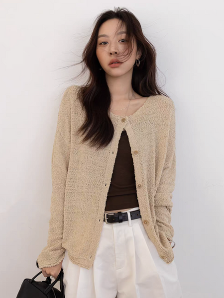 Acrylic cotton rayon buttoned knitted cardigan