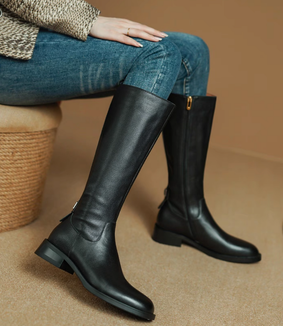 Thumbnail: Calf leather black back zipped strap biker knee length boots