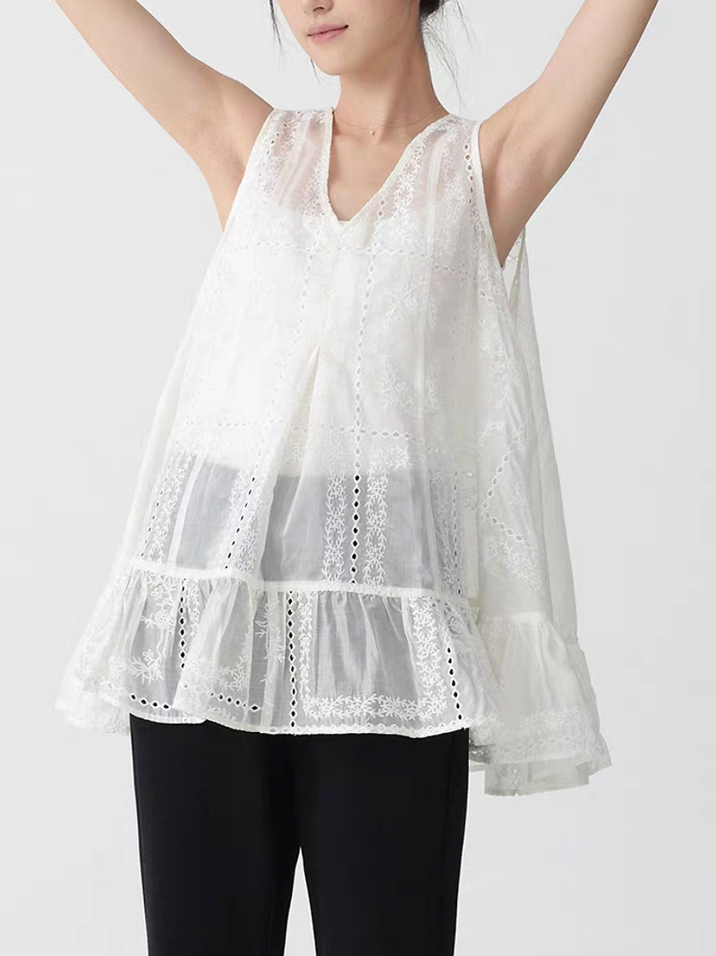 Lyocell crochet floral V neck ivory peplum back knot vest 2
